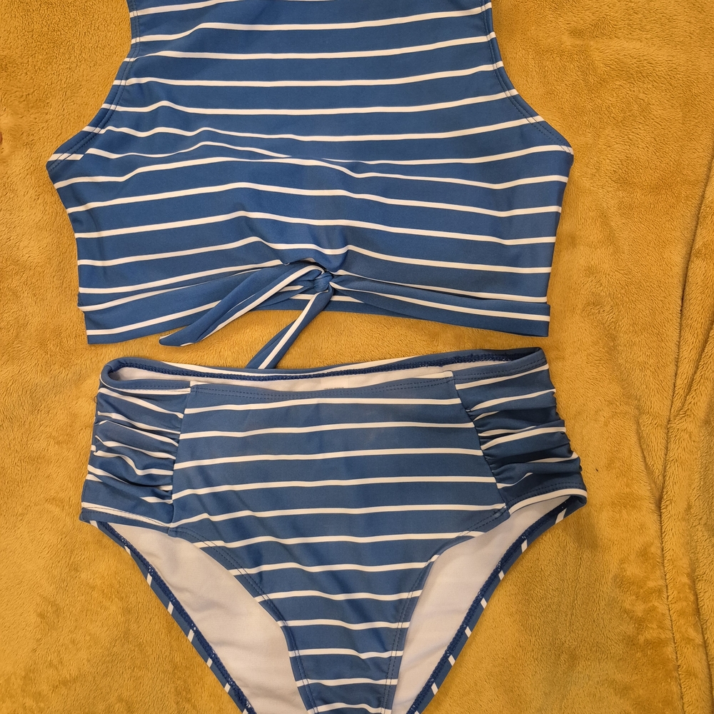 Blue and White Striped Bikini Set